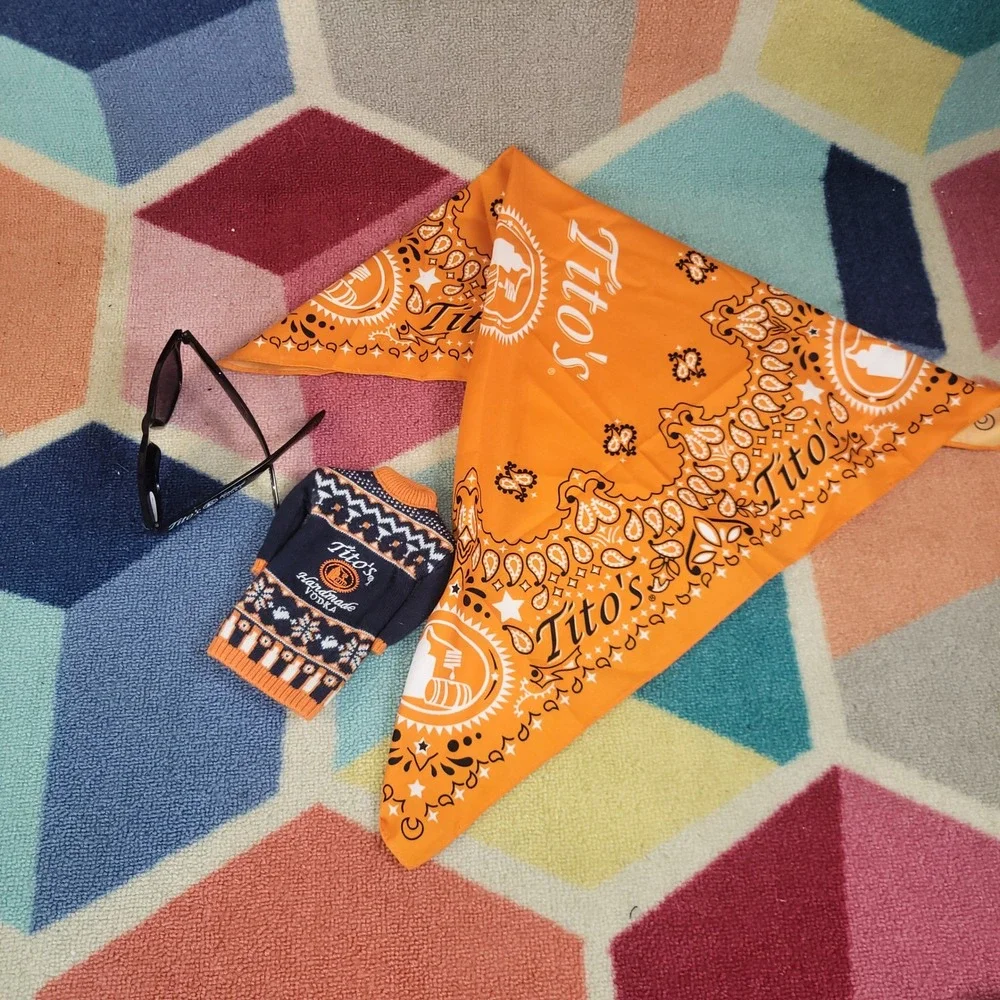 Tito's Handmade Vodka Swag Bundle Orange Bandana Sunglasses Bottle Sweater